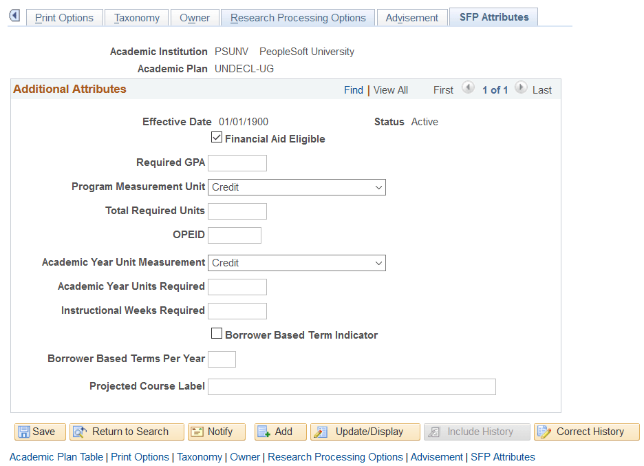 SFP Attributes (Academic Plans) page