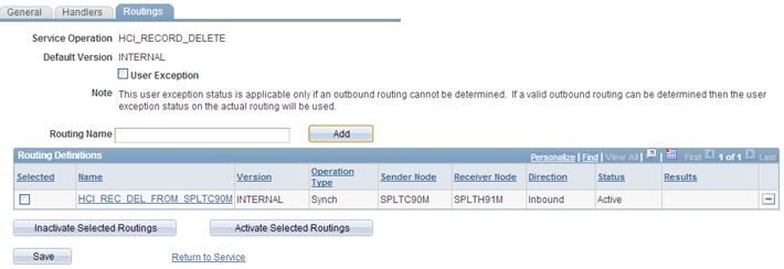 Example of Service Operations - Routings page (HCM)