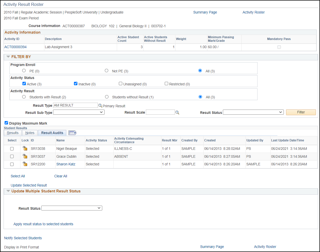 Activity Result Roster page, Student Results group box, Result Audits tab