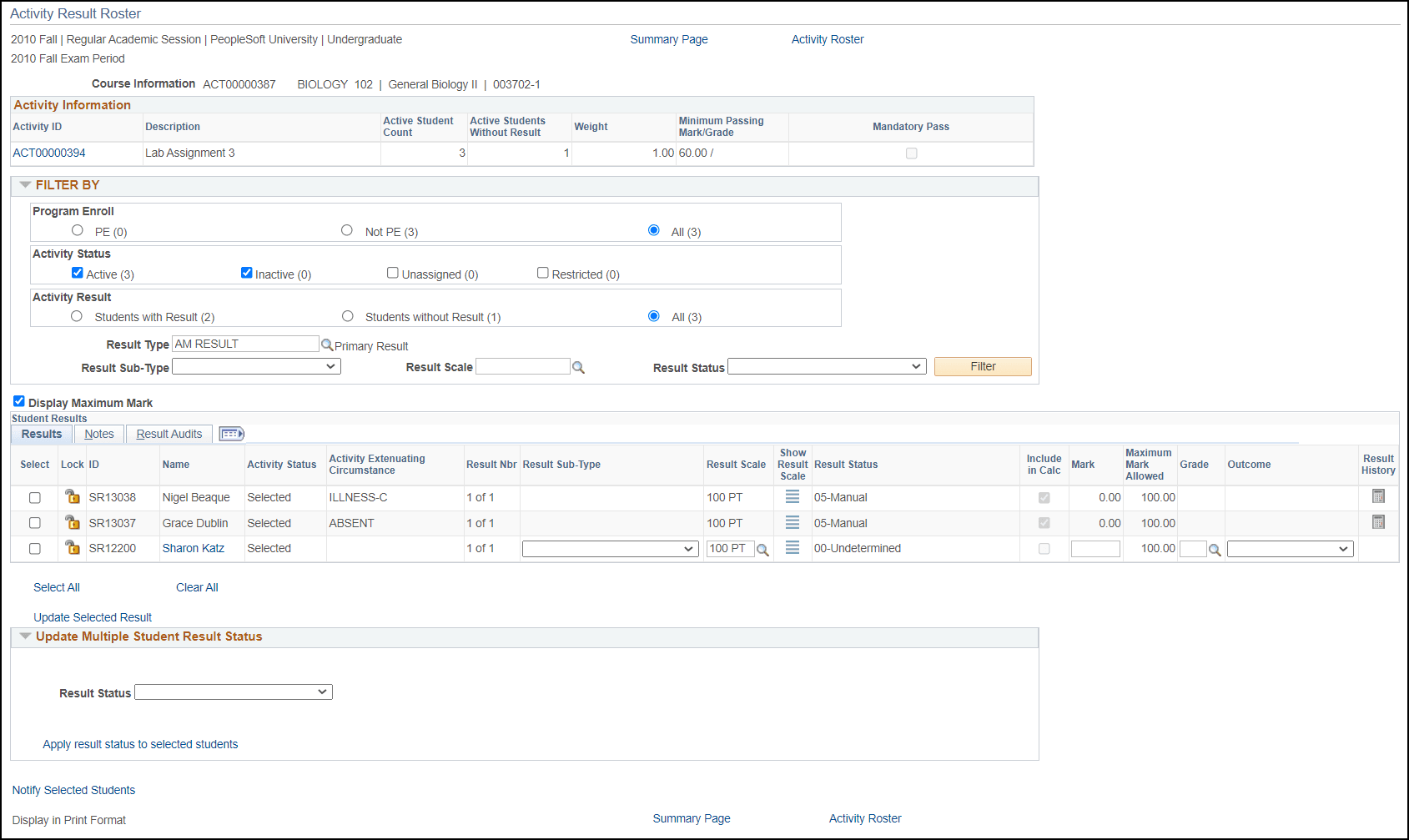Activity Result Roster page, Student Results group box, Results tab