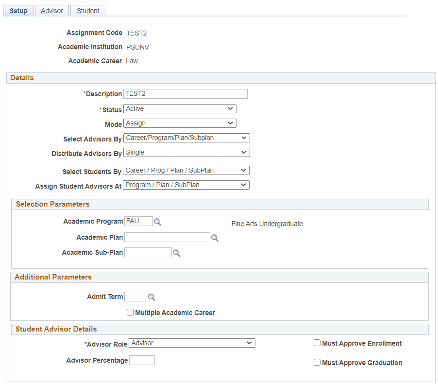 Student Advisor Assignment - Setup page