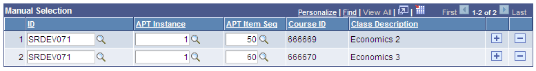 APT (Academic Progress Tracker) Enrollment page Manual Selection grid