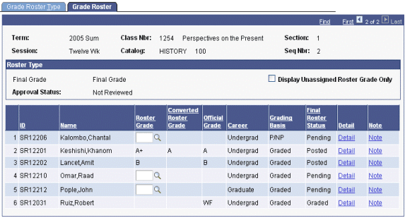 Grade Roster page