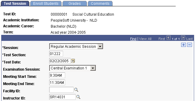 Test Session page
