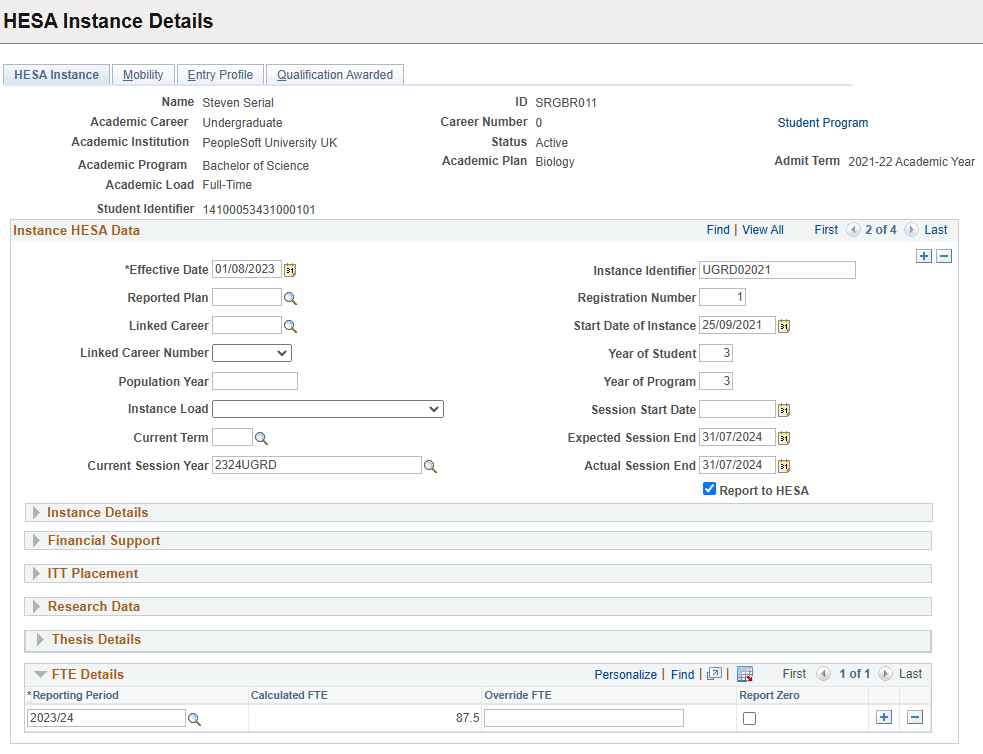 HESA (Higher Education Statistics Agency) Instance page