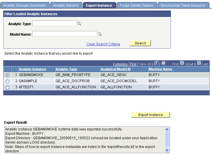 Export Instance page
