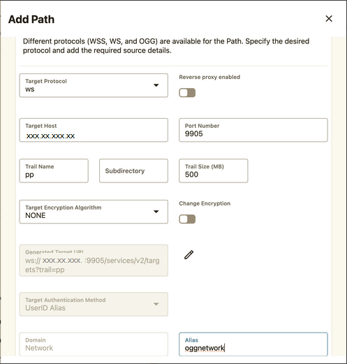 Oracle GoldenGate Service Manager - Add Path with Target protocol