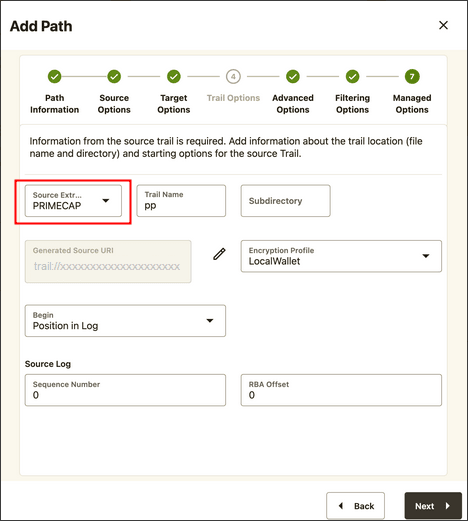 Oracle GoldenGate Service Manager - Add Path Trail Options