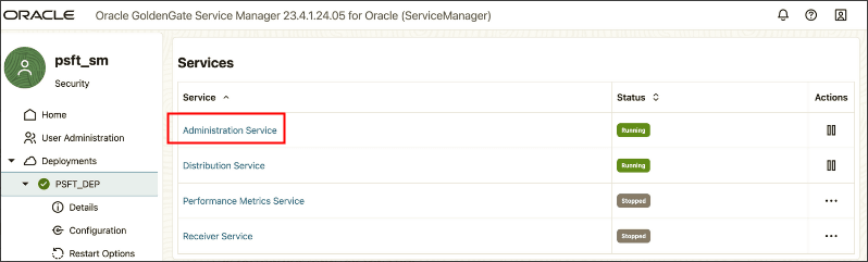 Oracle GoldenGate Service Manager - Services page