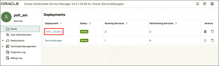 Oracle GoldenGate Service Manager - Deployments page