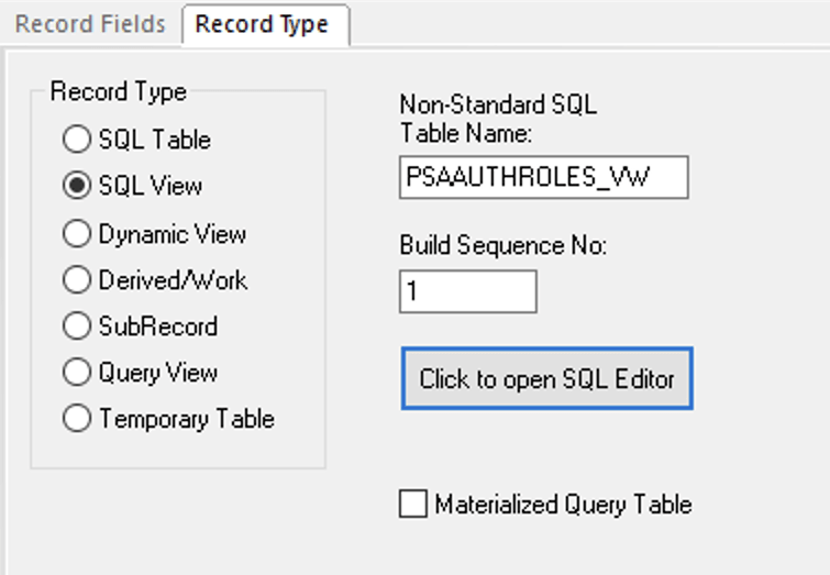 Application Designer - Record Type page with Materialized Query Table option