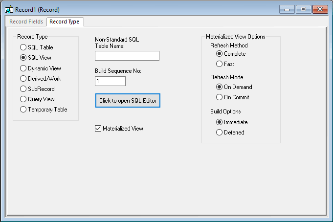 Application Designer Record Type tab showing Materialized View options