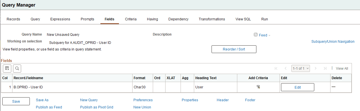 Query Manager - Fields page for subquery for OPRID