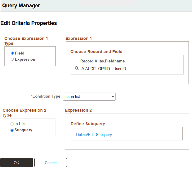 Edit Criteria Properties page with an expression using a subquery.