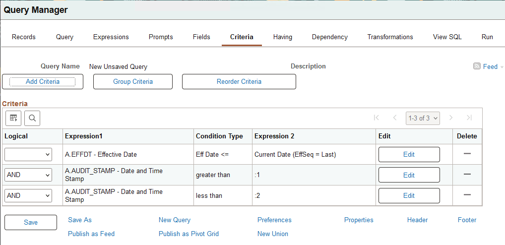 Query Manager - Criteria page with two AUDIT_STAMP date criteria