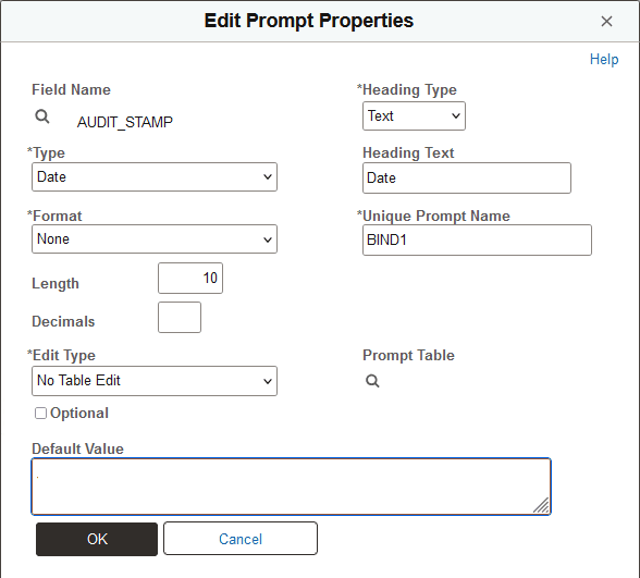 Edit Prompt Properties page for AUDIT_STAMP Date prompt