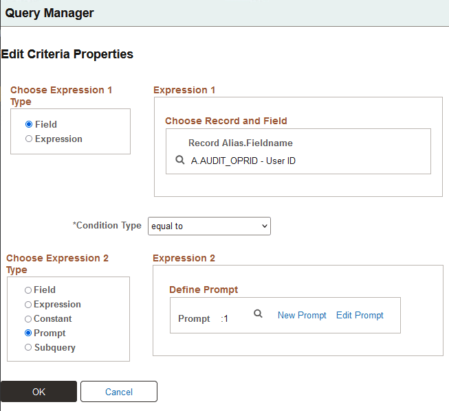 Edit Criteria Properties in Query Manager, with a field equal to a prompt