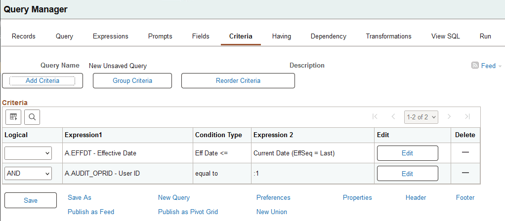 Query Manager - Criteria page with criteria that prompts for user ID.