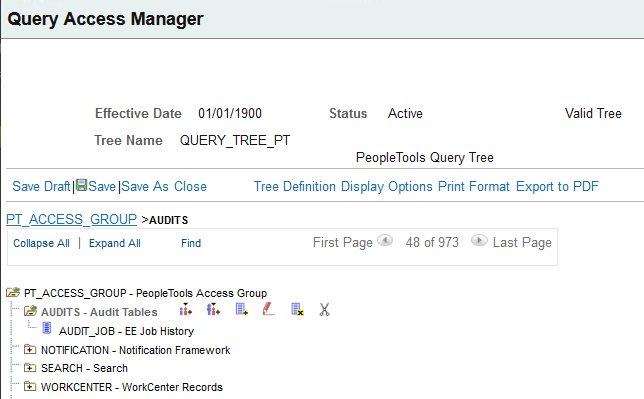 Query Access Manager page with query tree, access group, and record