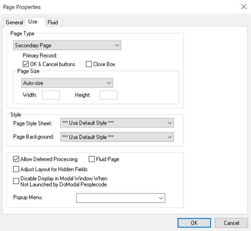 Page Properties dialog box - Secondary page type