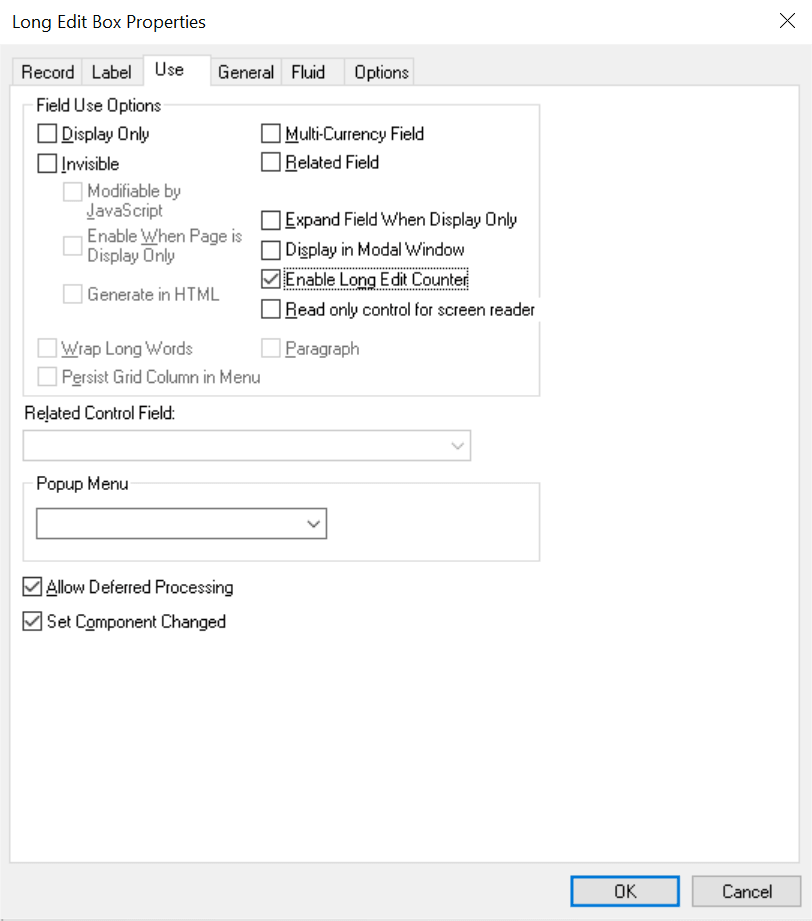 Long Edit Box Properties dialog box: Use tab