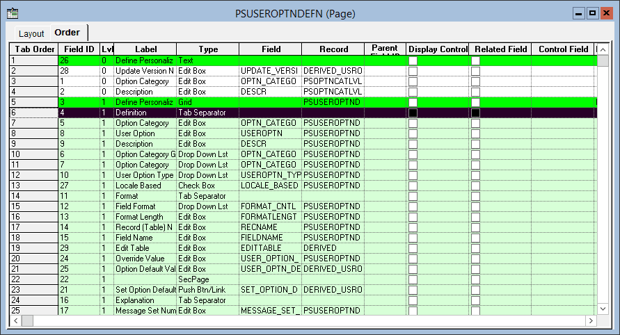 Order tab from the PSUSEROPTNDEFN page definition