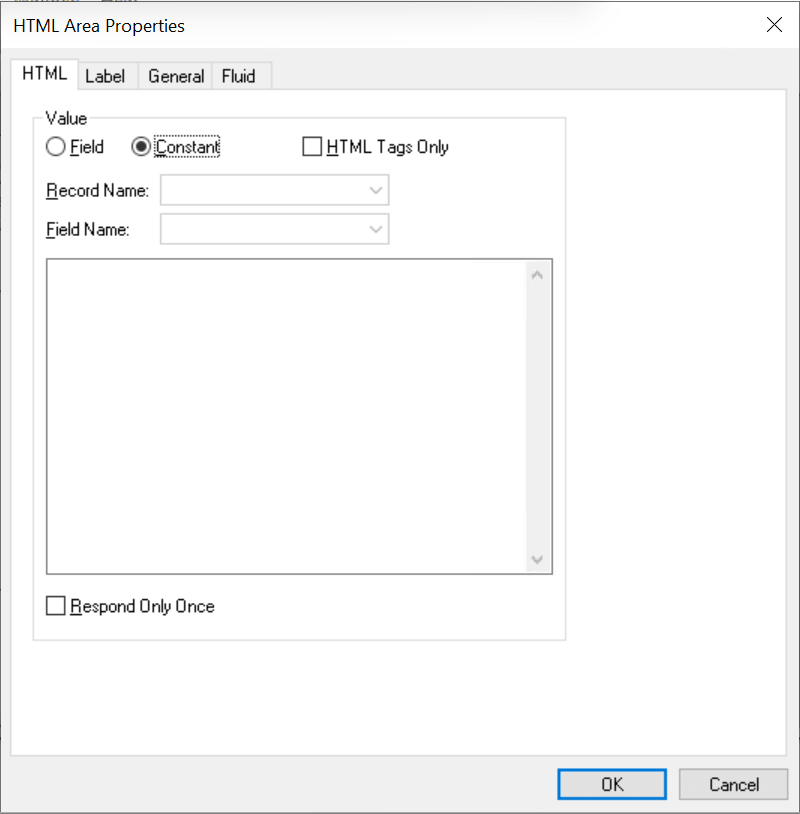 HTML Area Properties dialog box - HTML tab