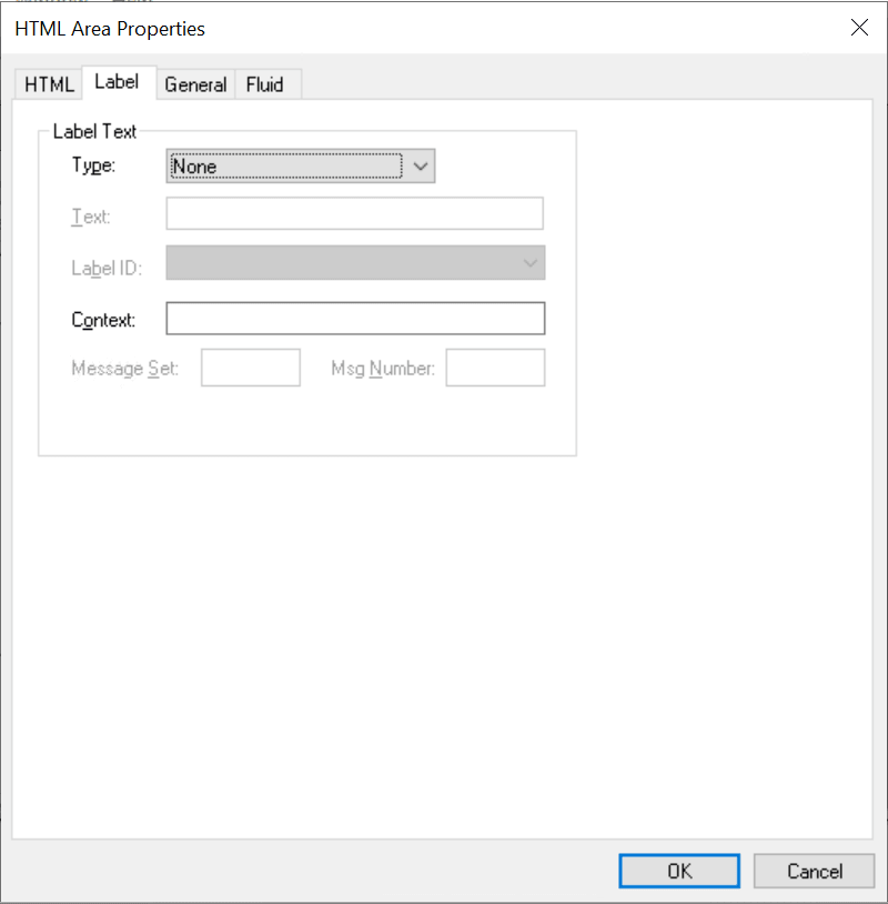 HTML Area Properties dialog box - Label tab