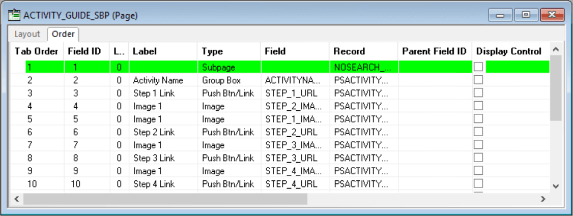 Example of page definition Order tab