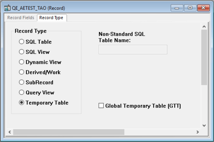 Example of the Global Temporary Table (GTT) option on the Record Type tab