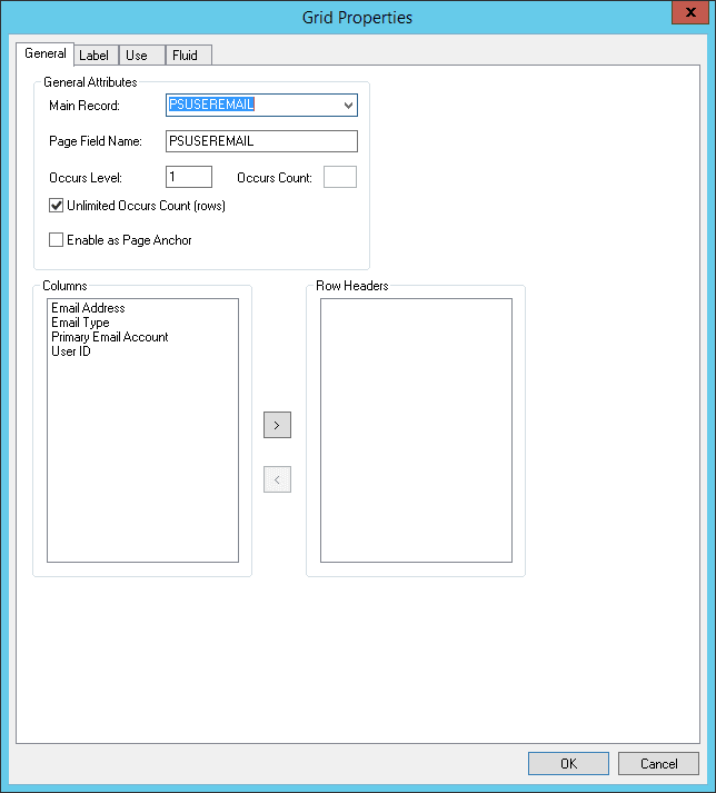 Grid Properties dialog box: General tab