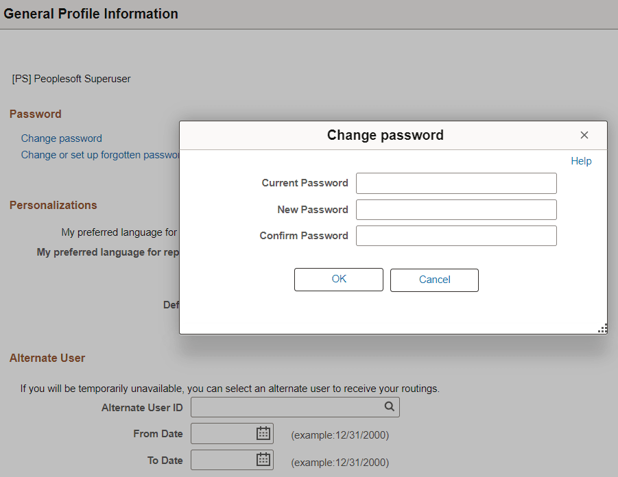 Change password modal secondary page