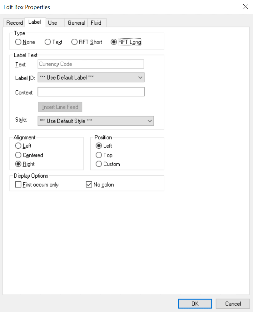 Edit Box Properties dialog box: Label tab
