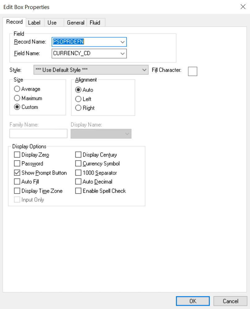 Edit Box Properties dialog box: Record tab