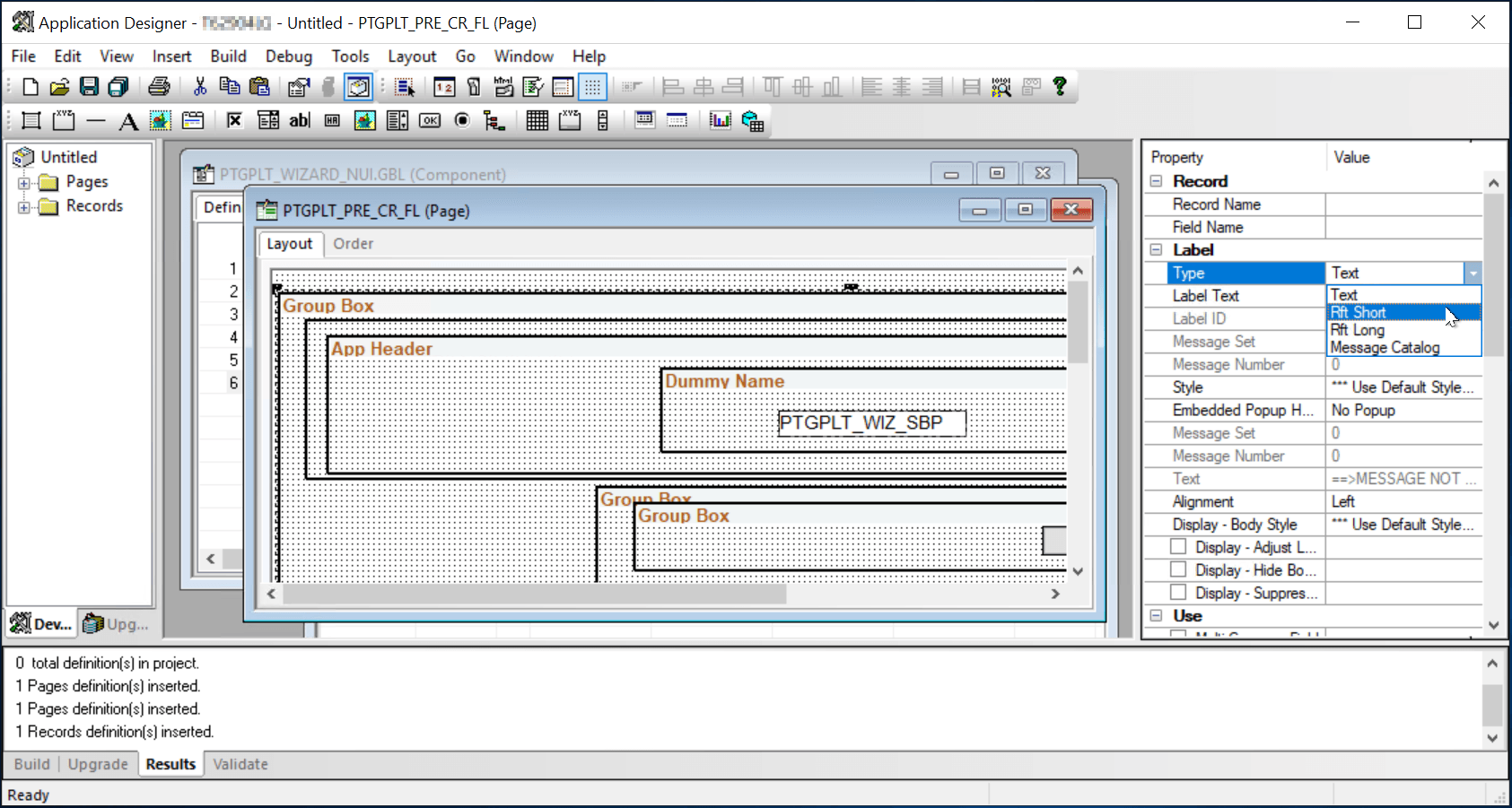 Property window for page field properties
