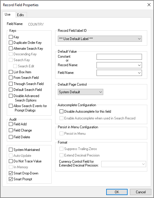 Record Field Properties dialog box: Use tab