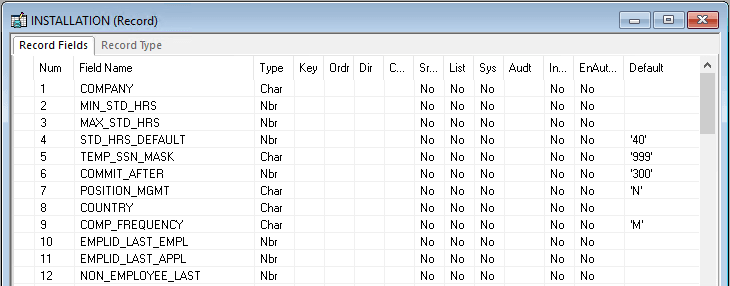 INSTALLATION table: example of record definition with no defined key structure