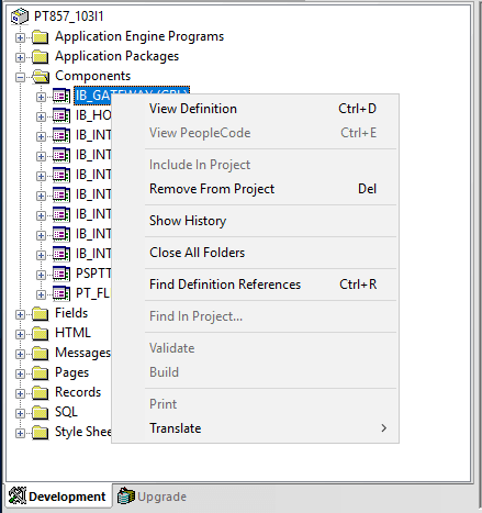Example of the Component definition pop-up menu