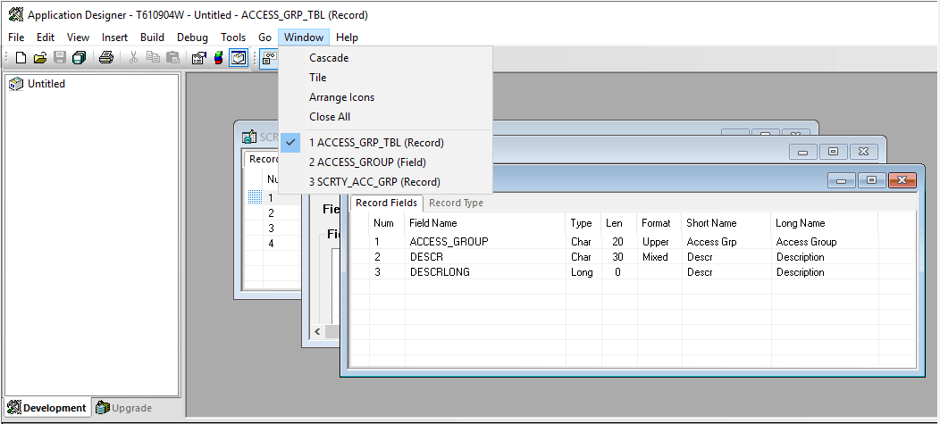 Example of the Window menu