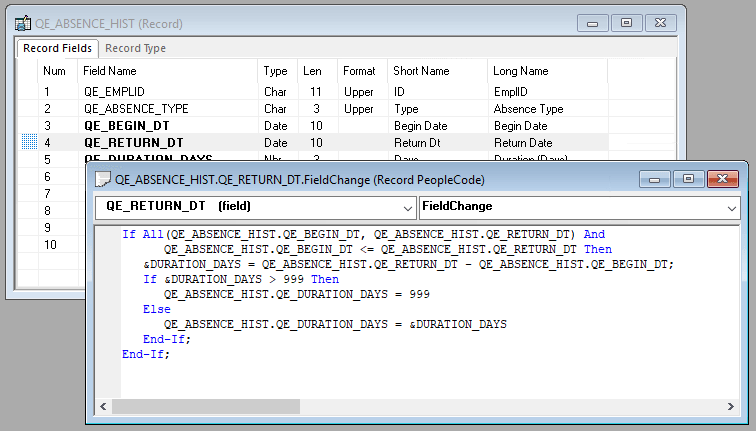 Example of working in the PeopleCode Editor