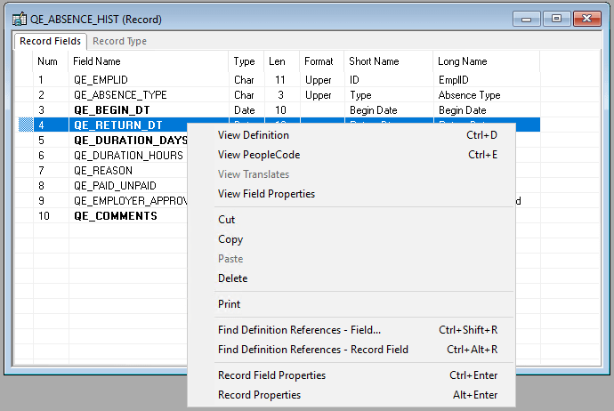 Example of accessing PeopleCode from a record definition by right-clicking