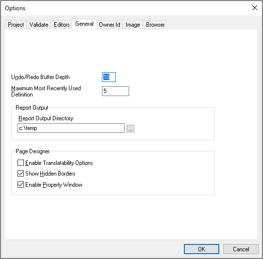 Options dialog box: General tab