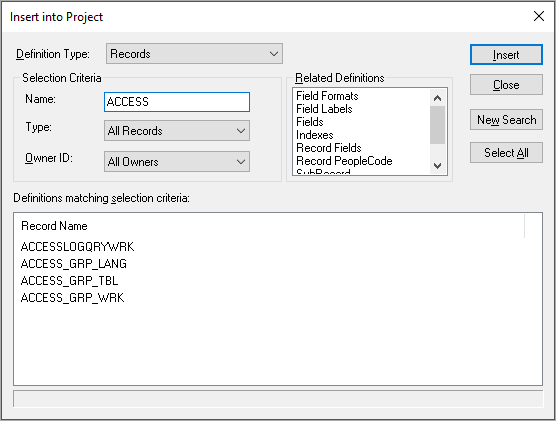 Insert into Project dialog box