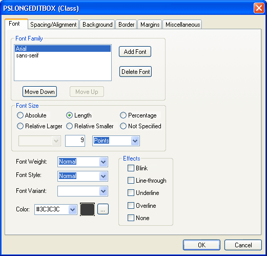 PSLONGEDITBOX (Class) dialog box: Font tab