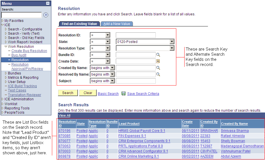 Search page with search keys, alternate search keys, and list box items