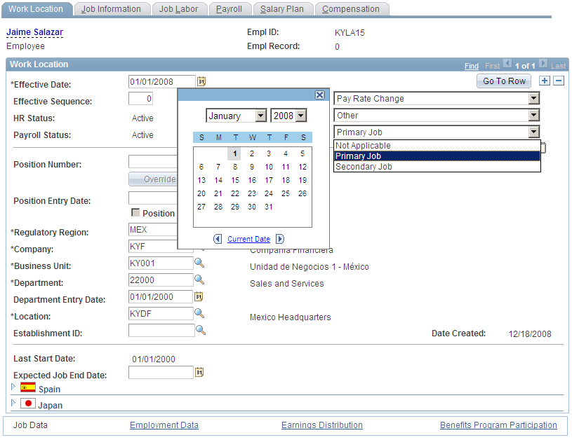 Work Location page showing sample prompt fields