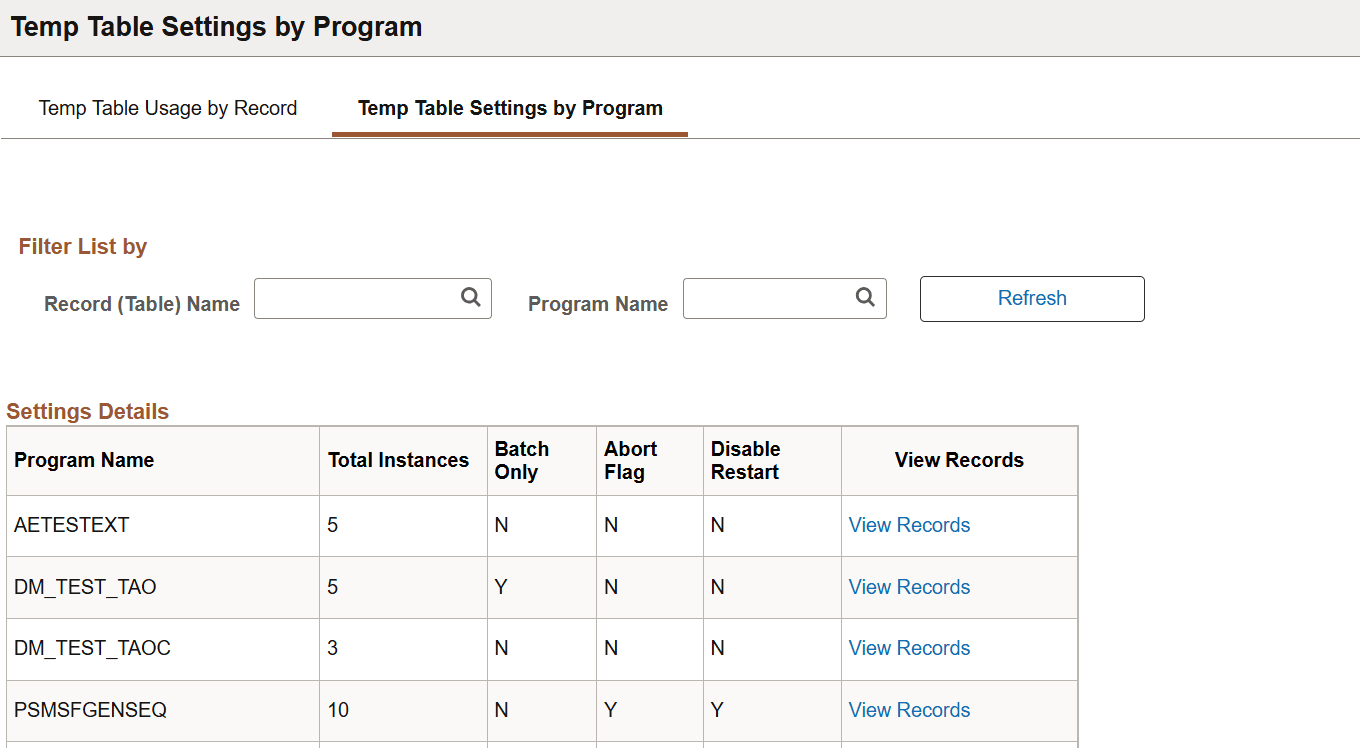 Temp Table Settings by Program page