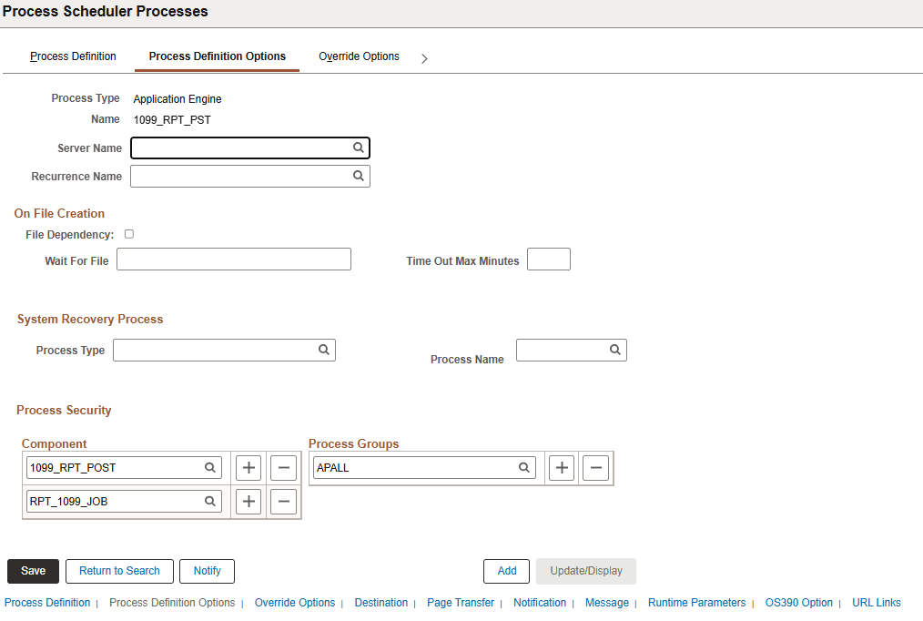 Processes - Process Definition Options page
