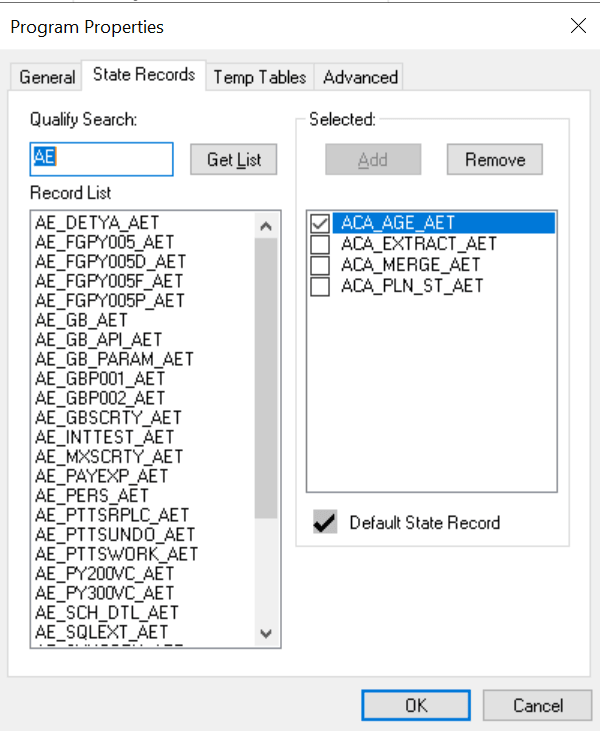 Program Properties dialog box: State Records tab