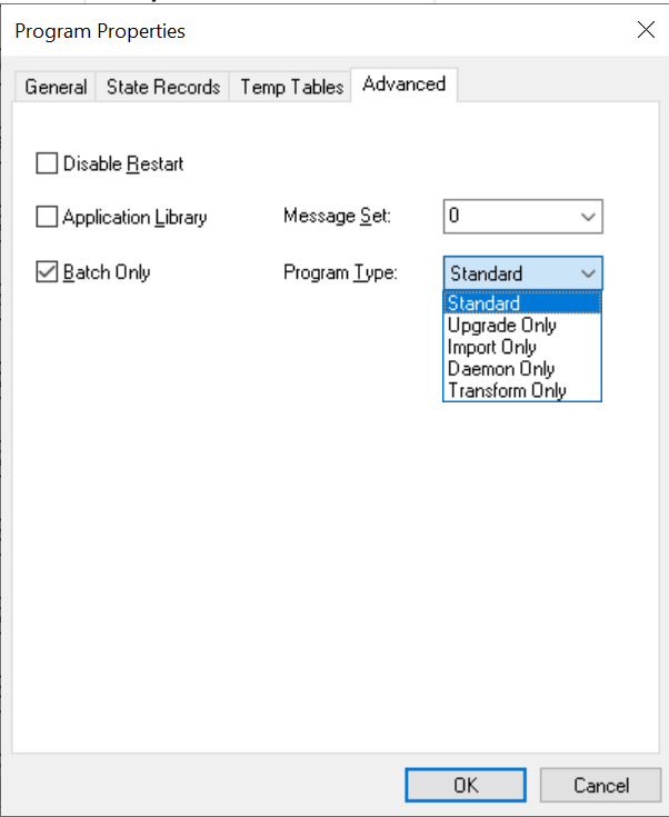 Program Properties dialog box: Advanced tab
